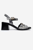 YOLEN Black Patterned Genuine Leather Block Heel Sandals