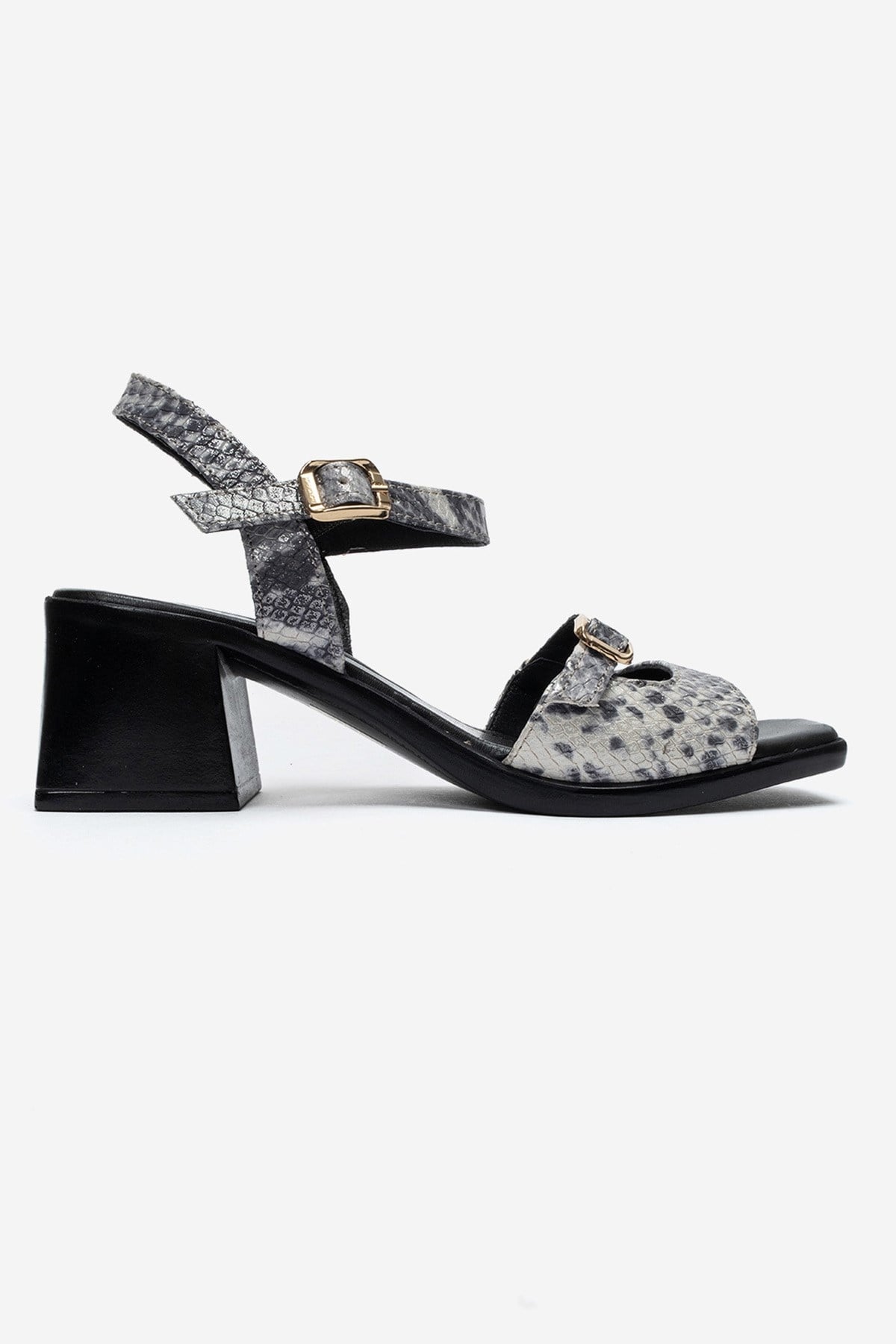 YOLEN Black Patterned Genuine Leather Block Heel Sandals