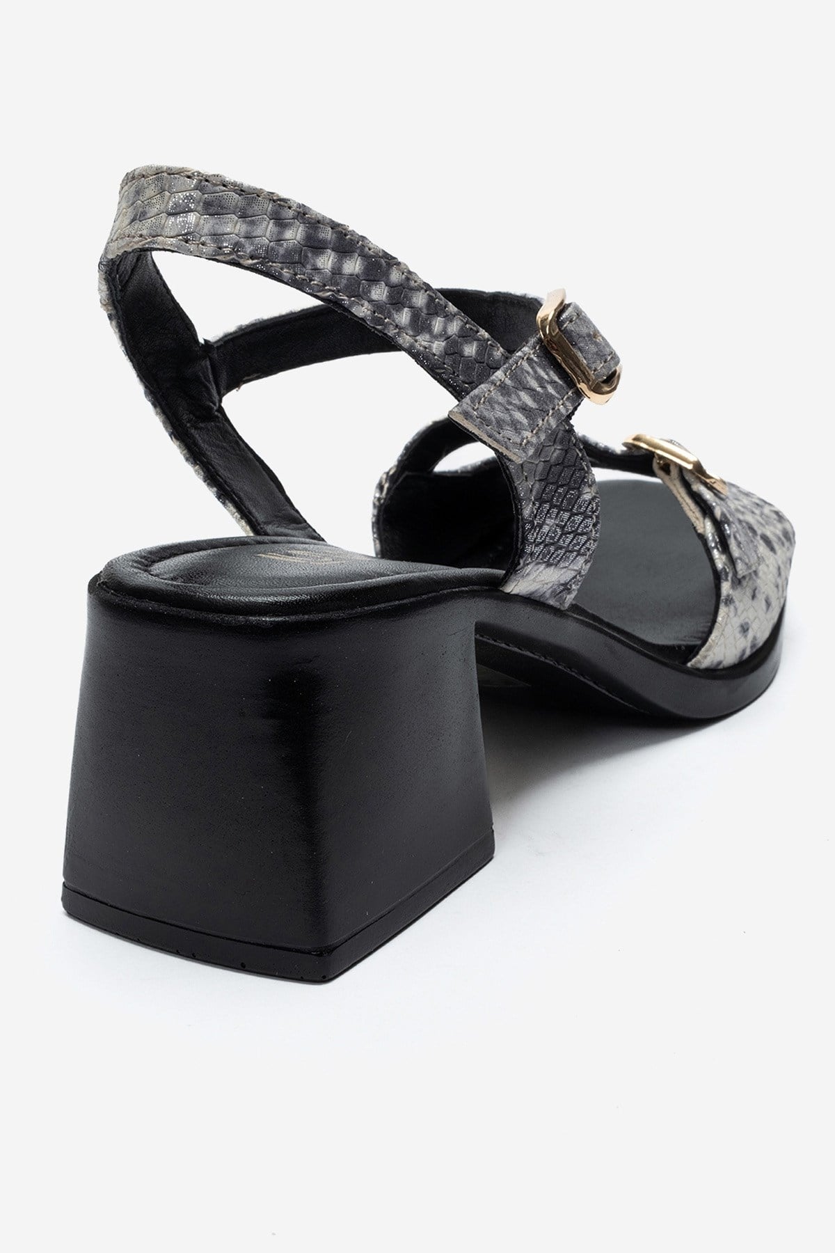 YOLEN Black Patterned Genuine Leather Block Heel Sandals