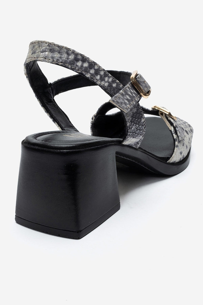 YOLEN Black Patterned Genuine Leather Block Heel Sandals