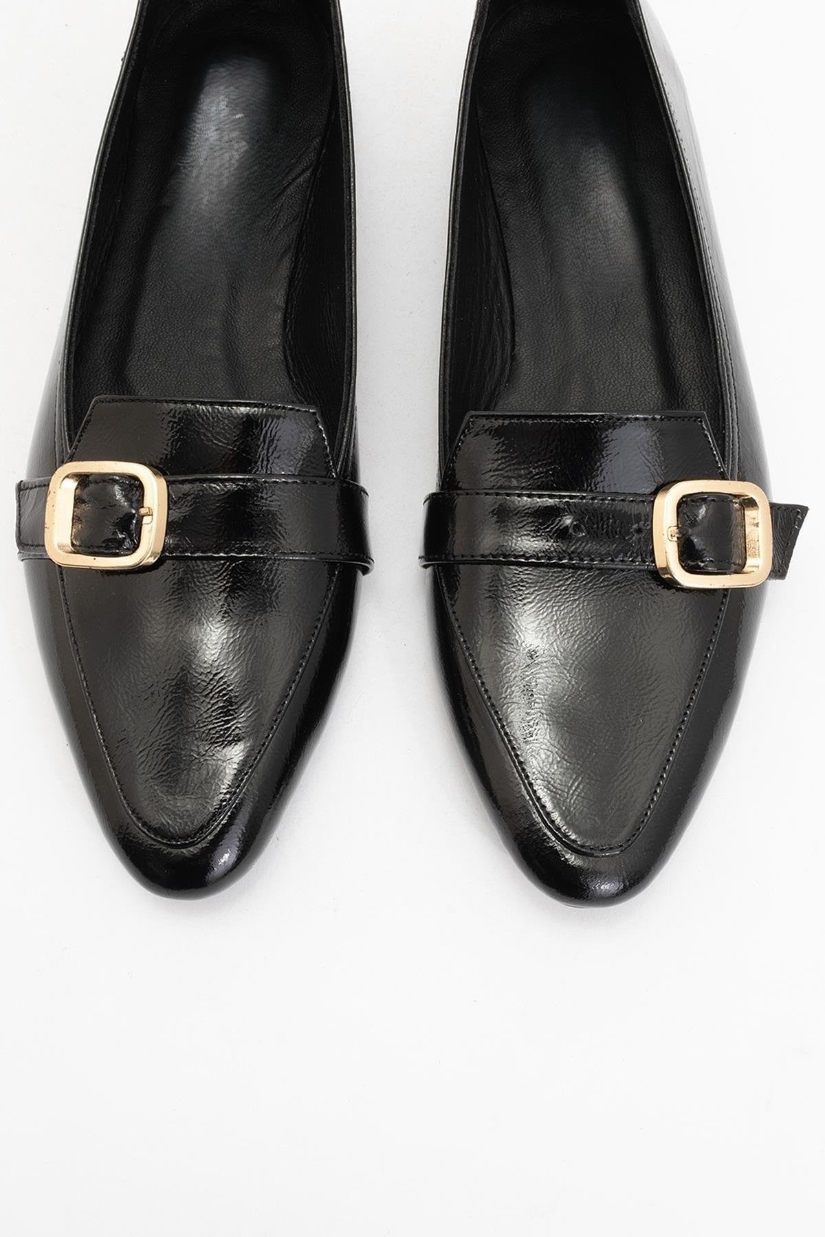 ZARINA Women's Black Patent Leather Ballerina Shoes with Gold Buckles
