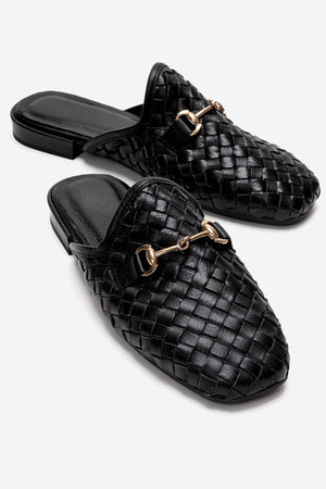 SENIA Black Woven Genuine Leather Closed-Toe Mule Slipper