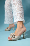 JEMPY Beige Linen Floral Women's Heeled Slippers