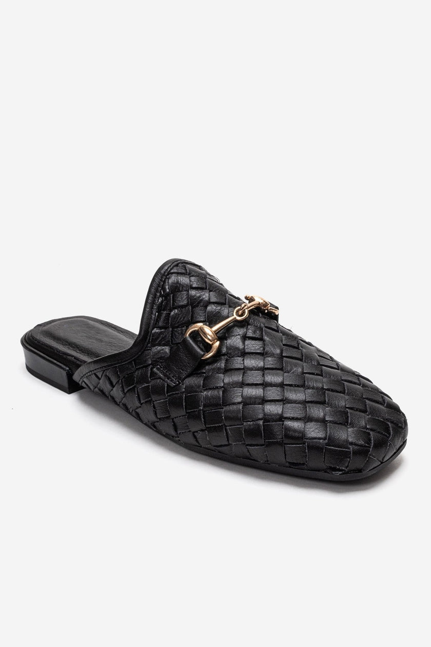 SENIA Black Woven Genuine Leather Closed-Toe Mule Slipper