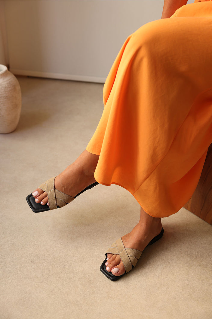 Minimal Cross-Strap Dark Beige Suede Women's Slippers