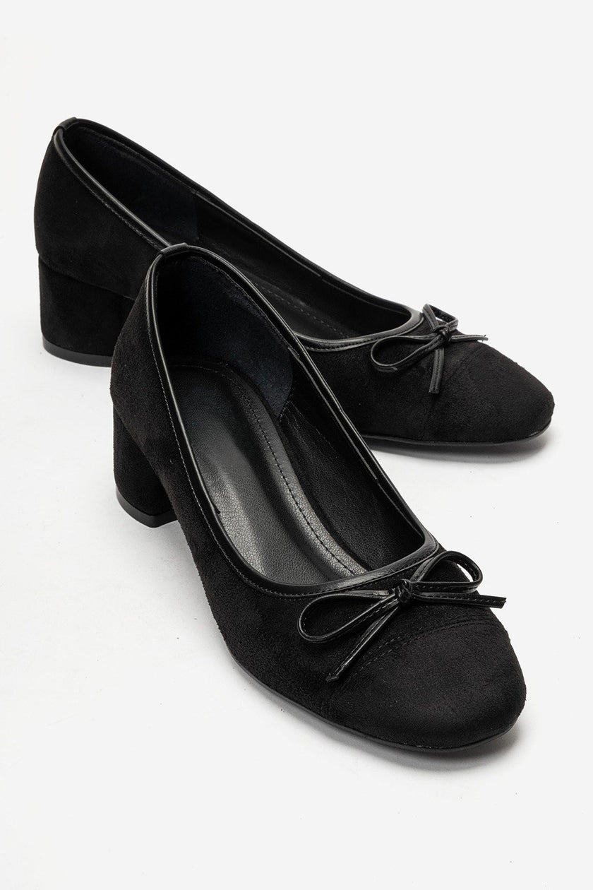 Leslie – Black Suede Bow Detail Block Heel Shoes