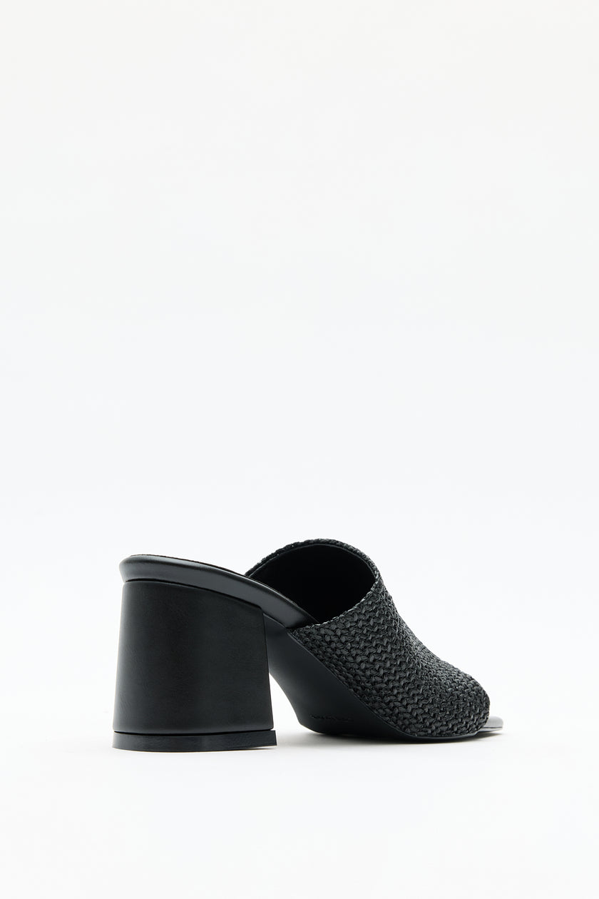 Textured Wide Strap Black Woven Women's Heeled Sandals