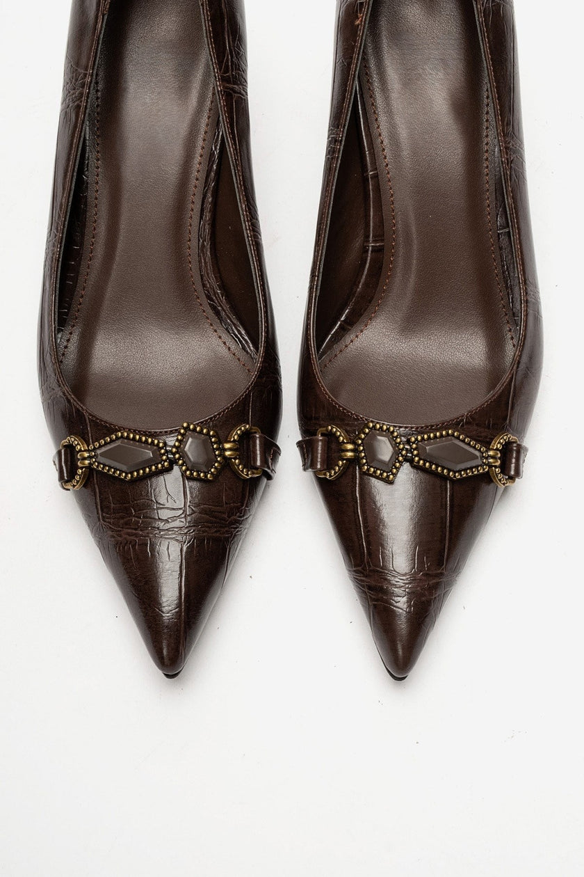 Olinda – Brown Printed Buckle Detail Heels