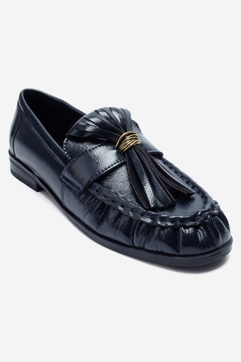 Marston – Navy Crinkled Patent Tassel Loafers