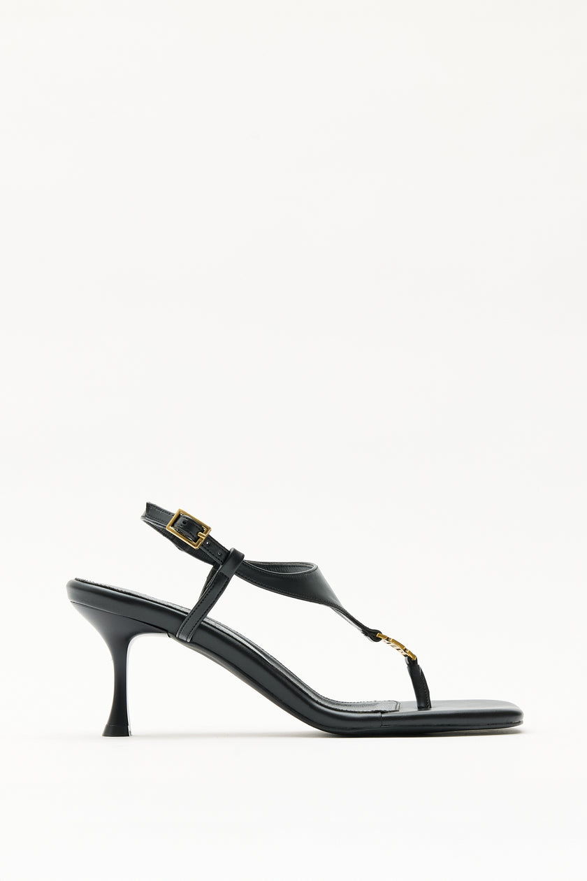 Minimal Gold Accessory Toe-Post Black Women's Heeled Sandals