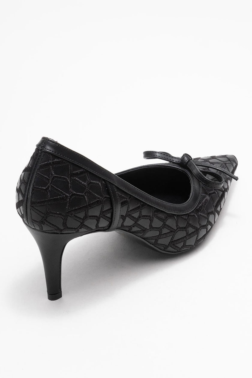 CAMDEN Black Patterned Bow Detail Women’s Heeled Shoes