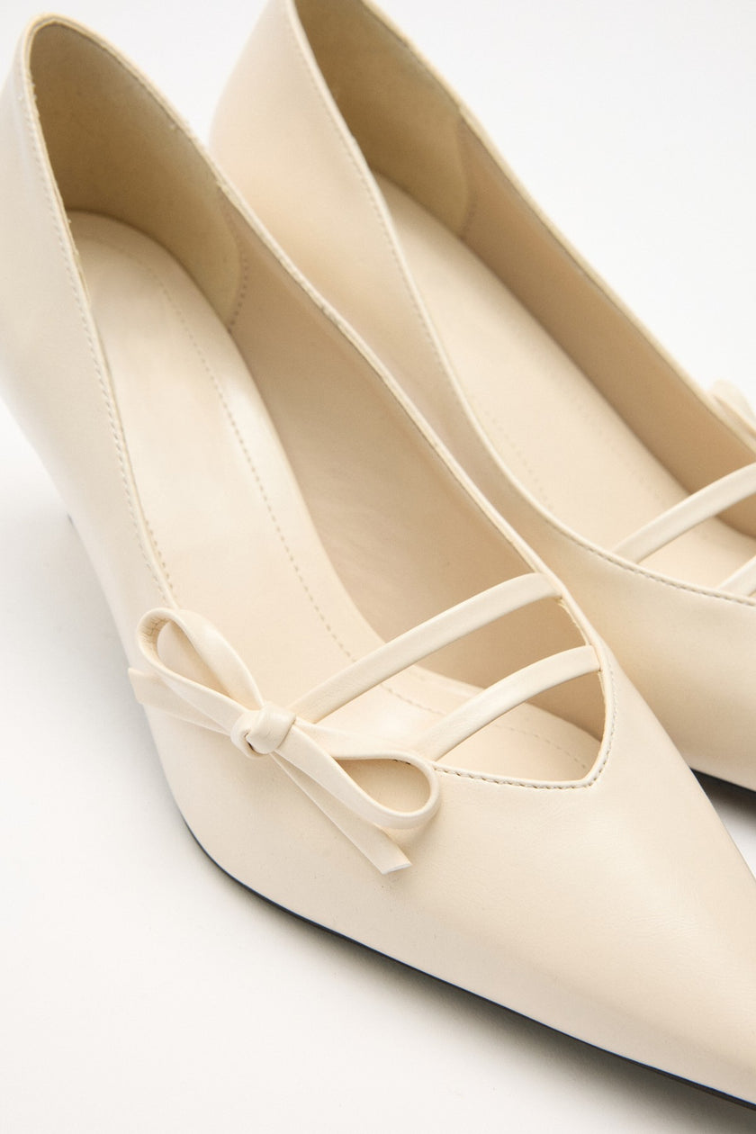 Pointed Toe Bow Detail Bone Women’s Heeled Shoes