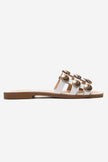 BAREON White Genuine Leather Slide Sandals with Gold Buckle