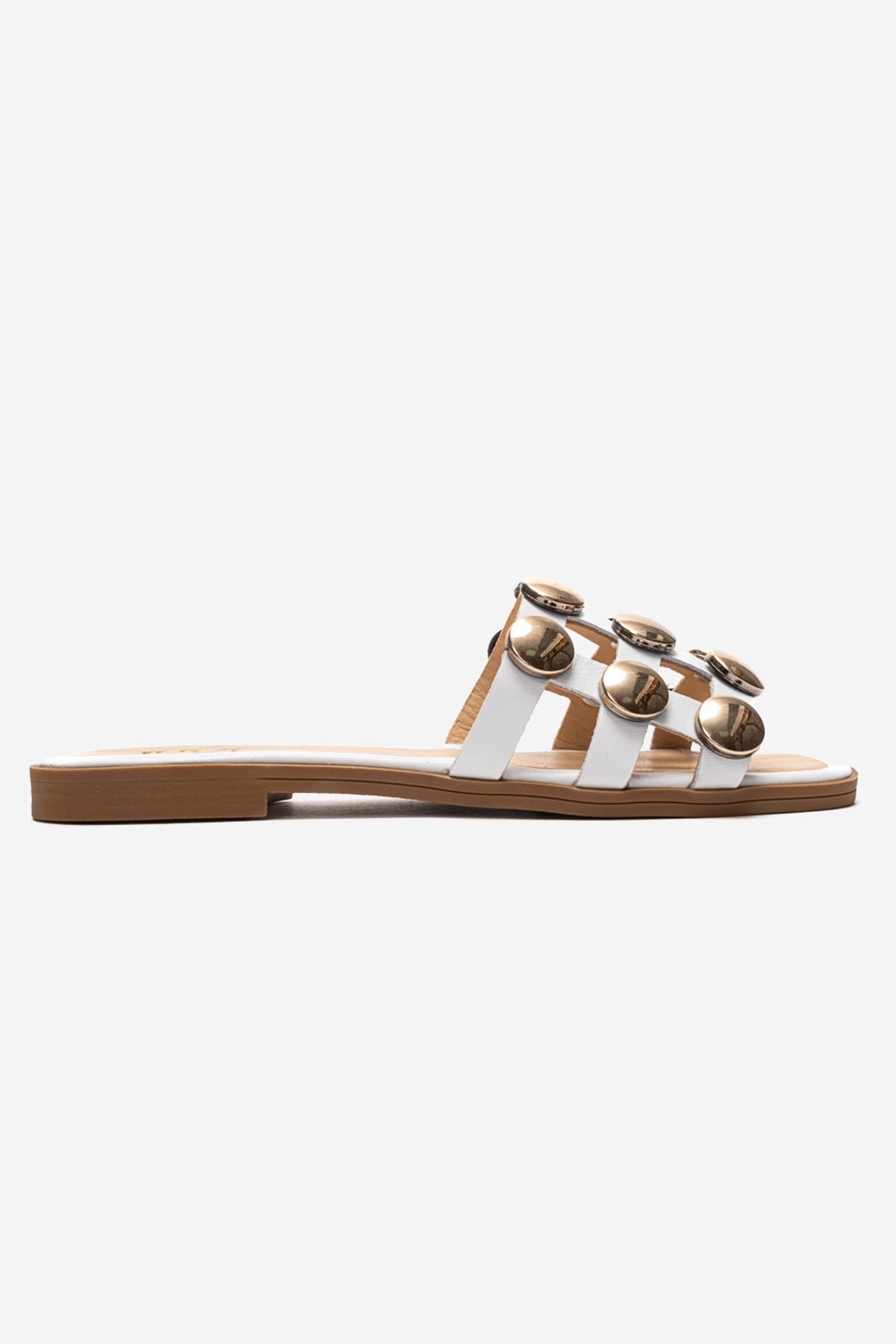 BAREON White Genuine Leather Slide Sandals with Gold Buckle
