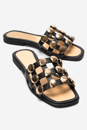 BAREON Black Genuine Leather Slide Sandals with Gold Buckle