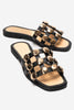 BAREON Black Genuine Leather Slide Sandals with Gold Buckle