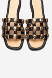 BAREON Black Genuine Leather Slide Sandals with Gold Buckle