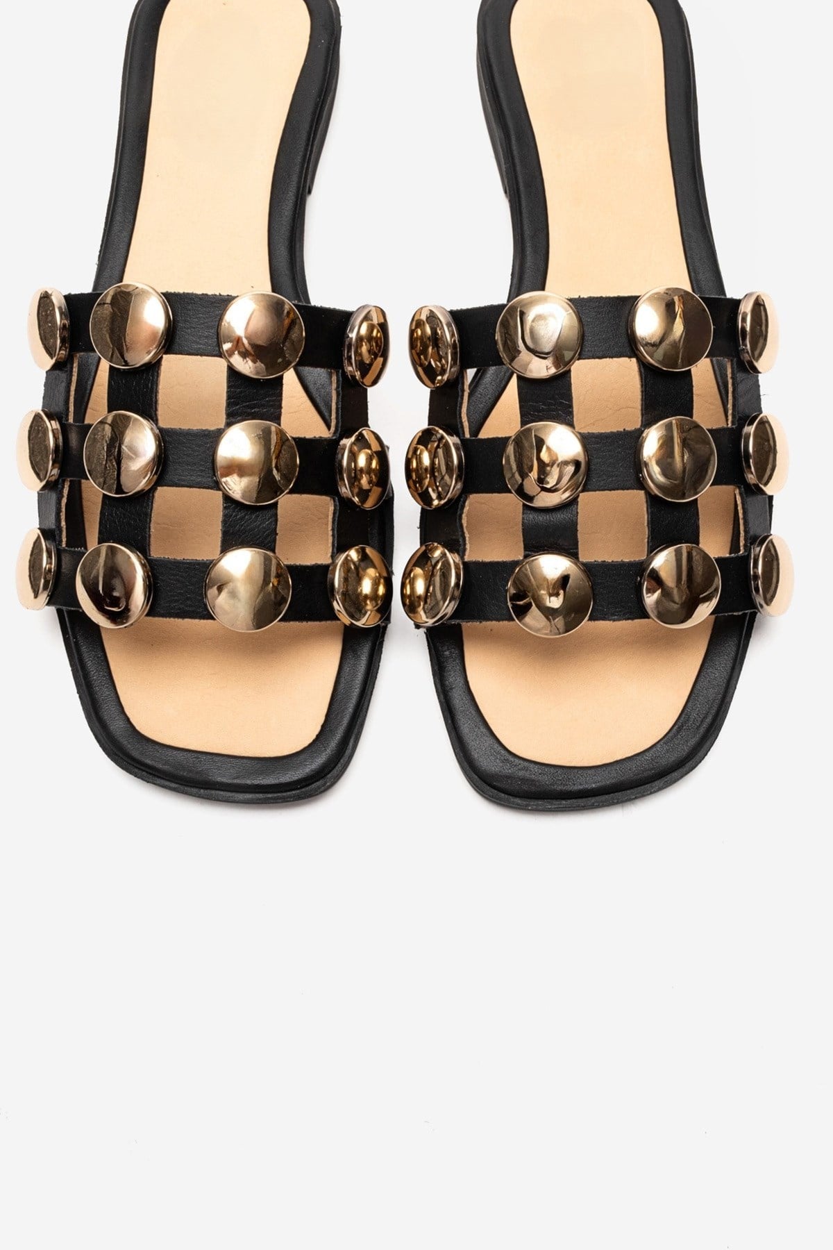 BAREON Black Genuine Leather Slide Sandals with Gold Buckle