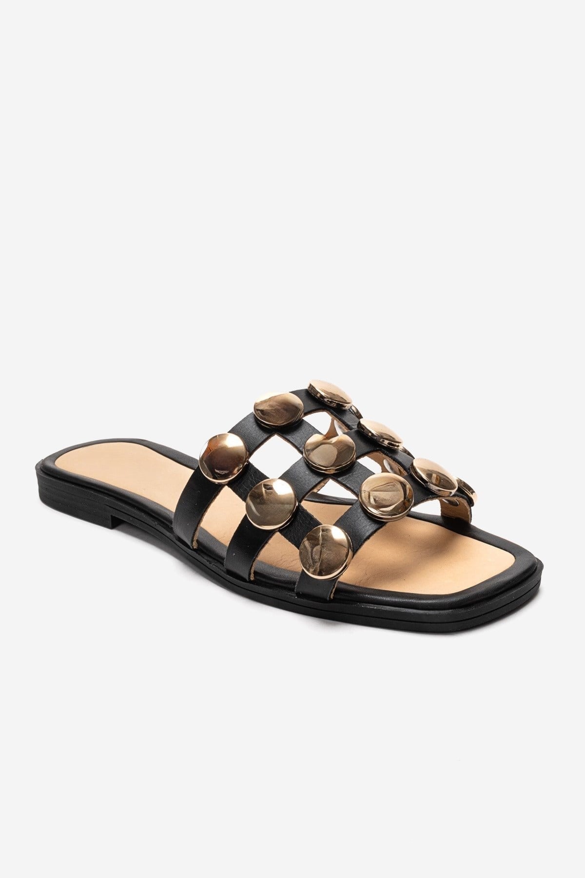 BAREON Black Genuine Leather Slide Sandals with Gold Buckle