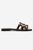 BAREON Black Genuine Leather Slide Sandals with Gold Buckle