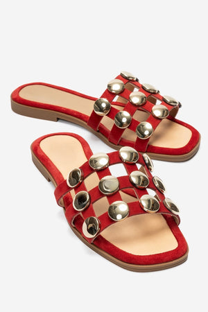 BAREON Red Suede Genuine Leather Slide Sandals with Gold Buckle