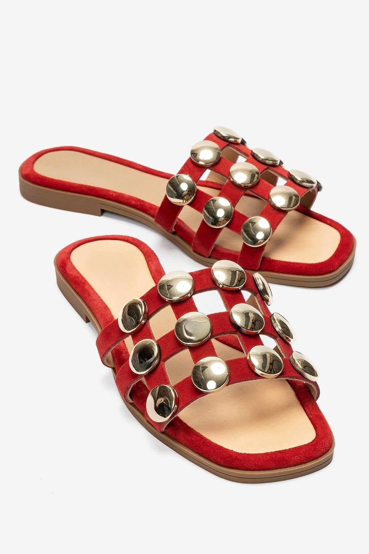 BAREON Red Suede Genuine Leather Slide Sandals with Gold Buckle