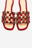 BAREON Red Suede Genuine Leather Slide Sandals with Gold Buckle