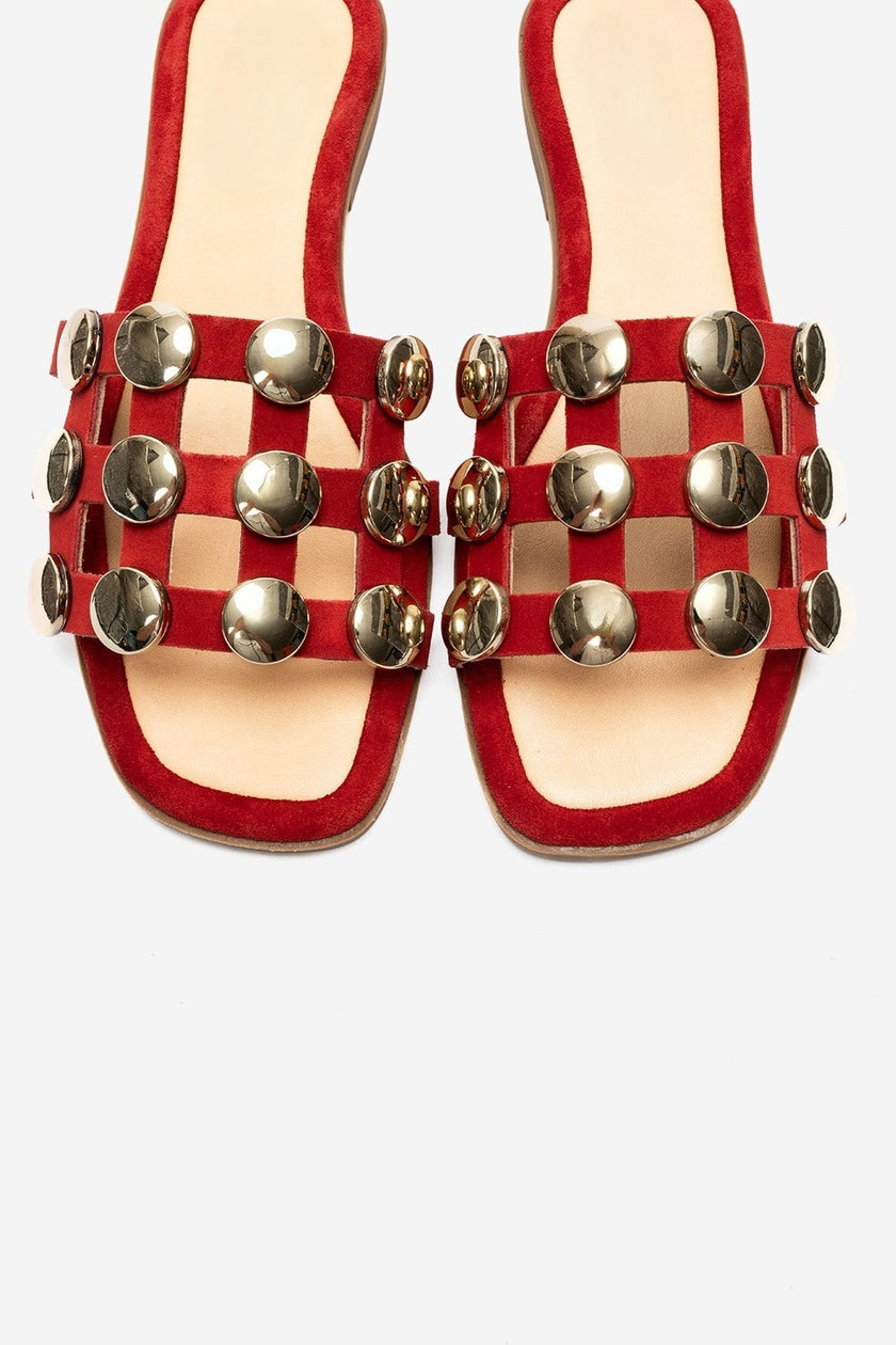 BAREON Red Suede Genuine Leather Slide Sandals with Gold Buckle