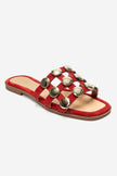 BAREON Red Suede Genuine Leather Slide Sandals with Gold Buckle