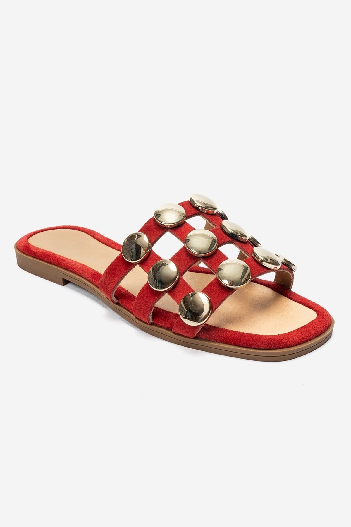 BAREON Red Suede Genuine Leather Slide Sandals with Gold Buckle