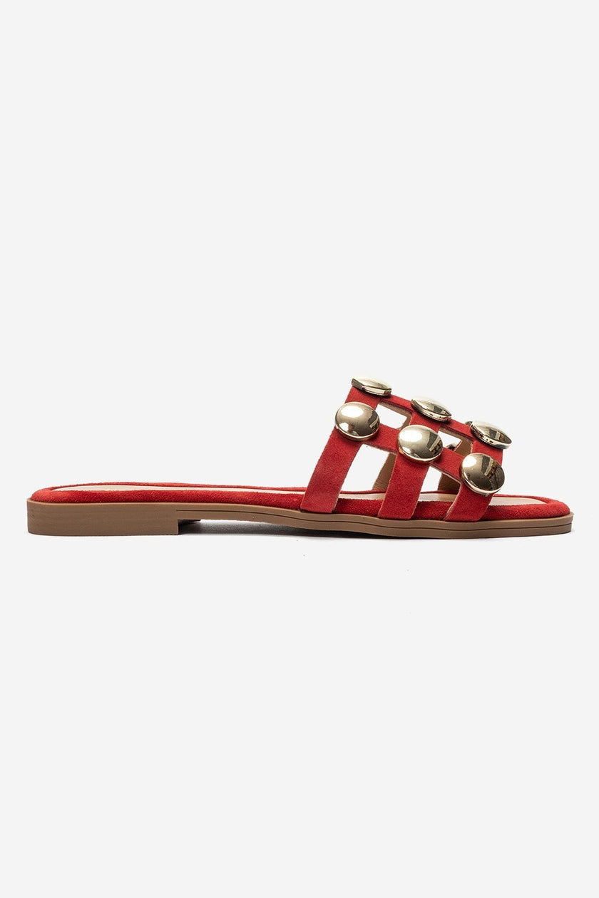 BAREON Red Suede Genuine Leather Slide Sandals with Gold Buckle