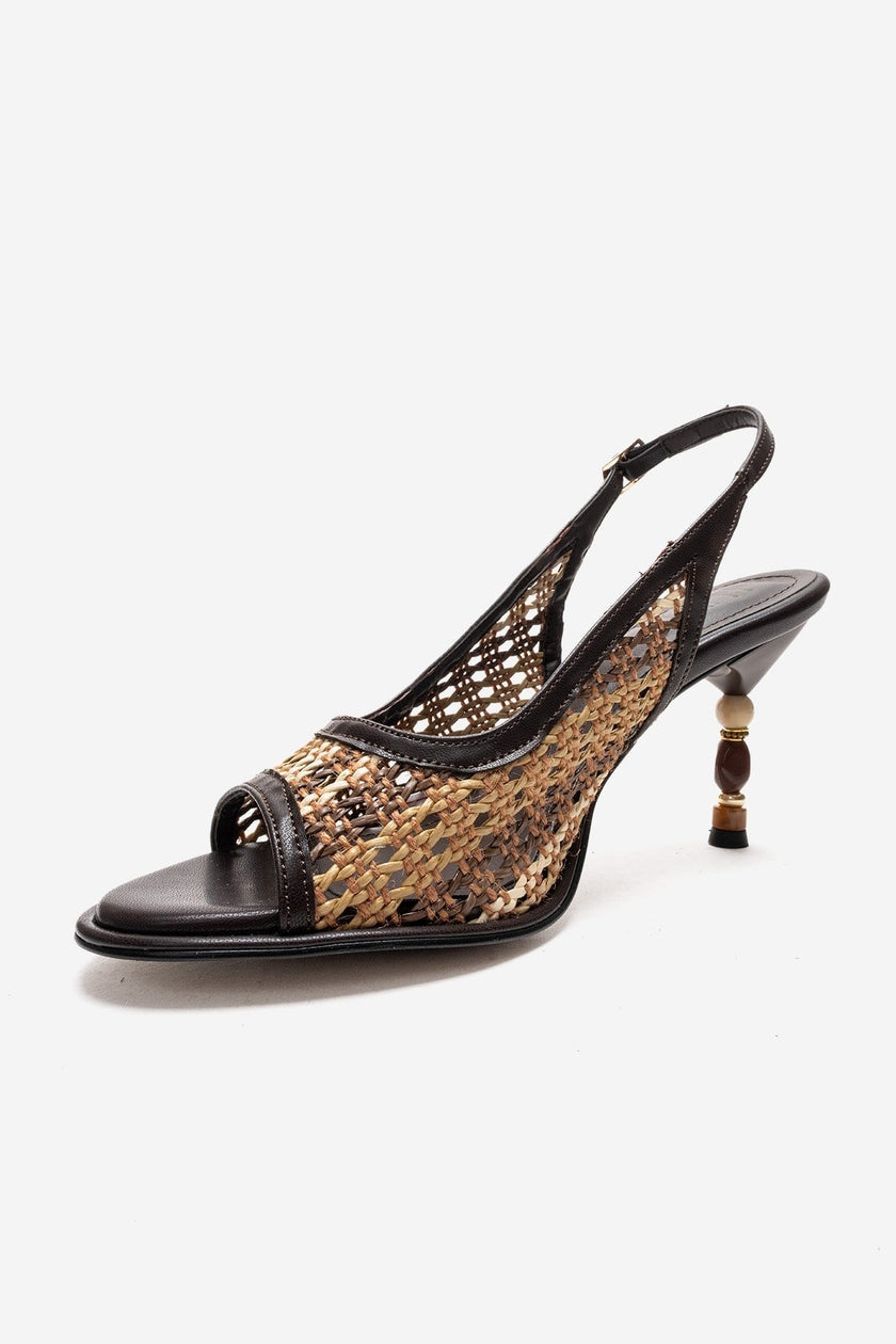 SOVEN Brown Woven Open Toe Women’s Geometric Heel Sandals