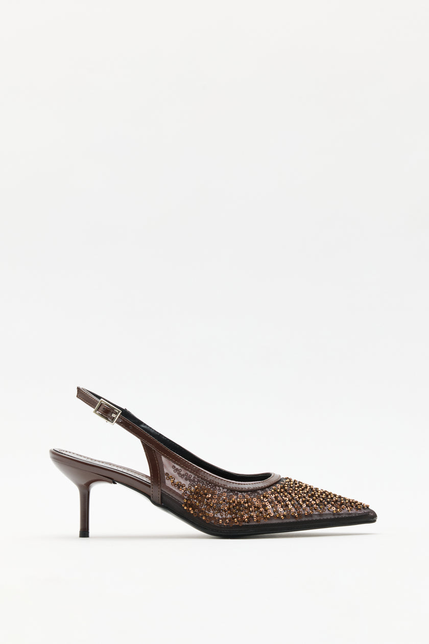 Sequin Detail Bitter Brown Women's Heels