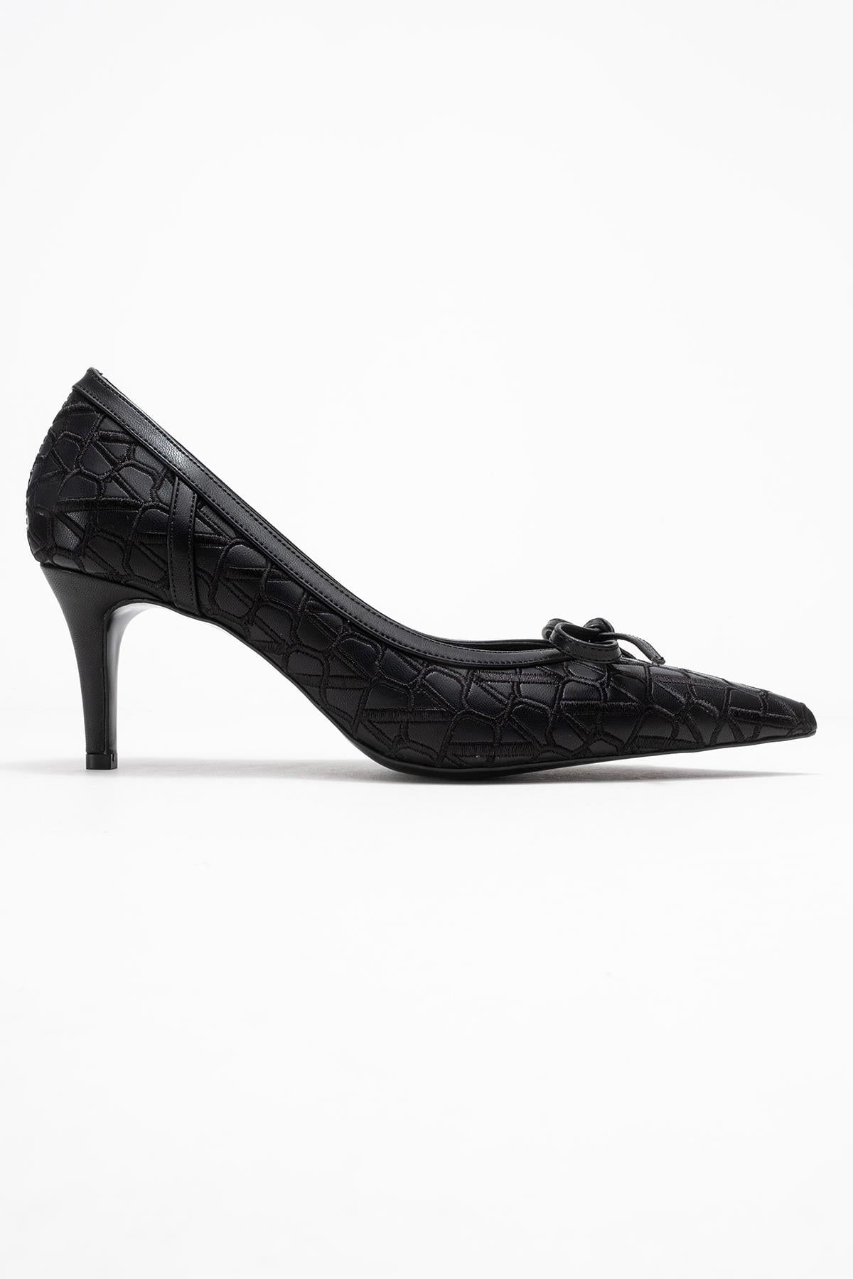 CAMDEN Black Patterned Bow Detail Women’s Heeled Shoes