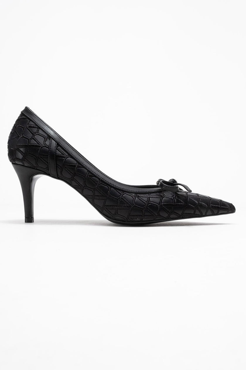 CAMDEN Black Patterned Bow Detail Women’s Heeled Shoes