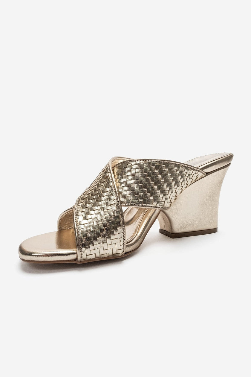 LAVEAN Gold Woven Cross-Strap Wedge Mule Slipers