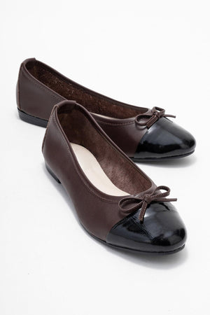 JENS Women's Brown-Black Patent Leather Bow-Tie Ballerina Shoes
