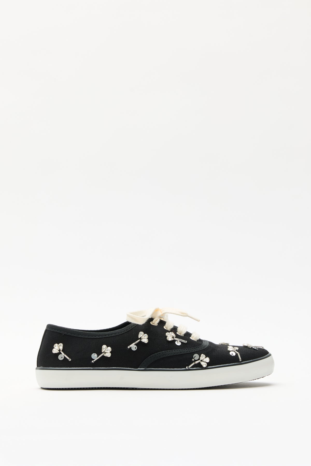 Stone-Embellished Lace-Up Black Linen Women's Sneakers