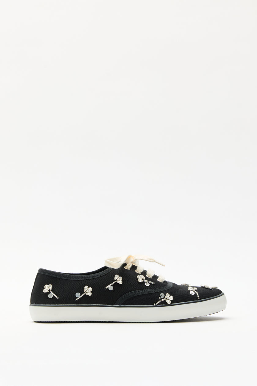 Stone-Embellished Lace-Up Black Linen Women's Sneakers