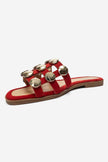 BAREON Red Suede Genuine Leather Slide Sandals with Gold Buckle
