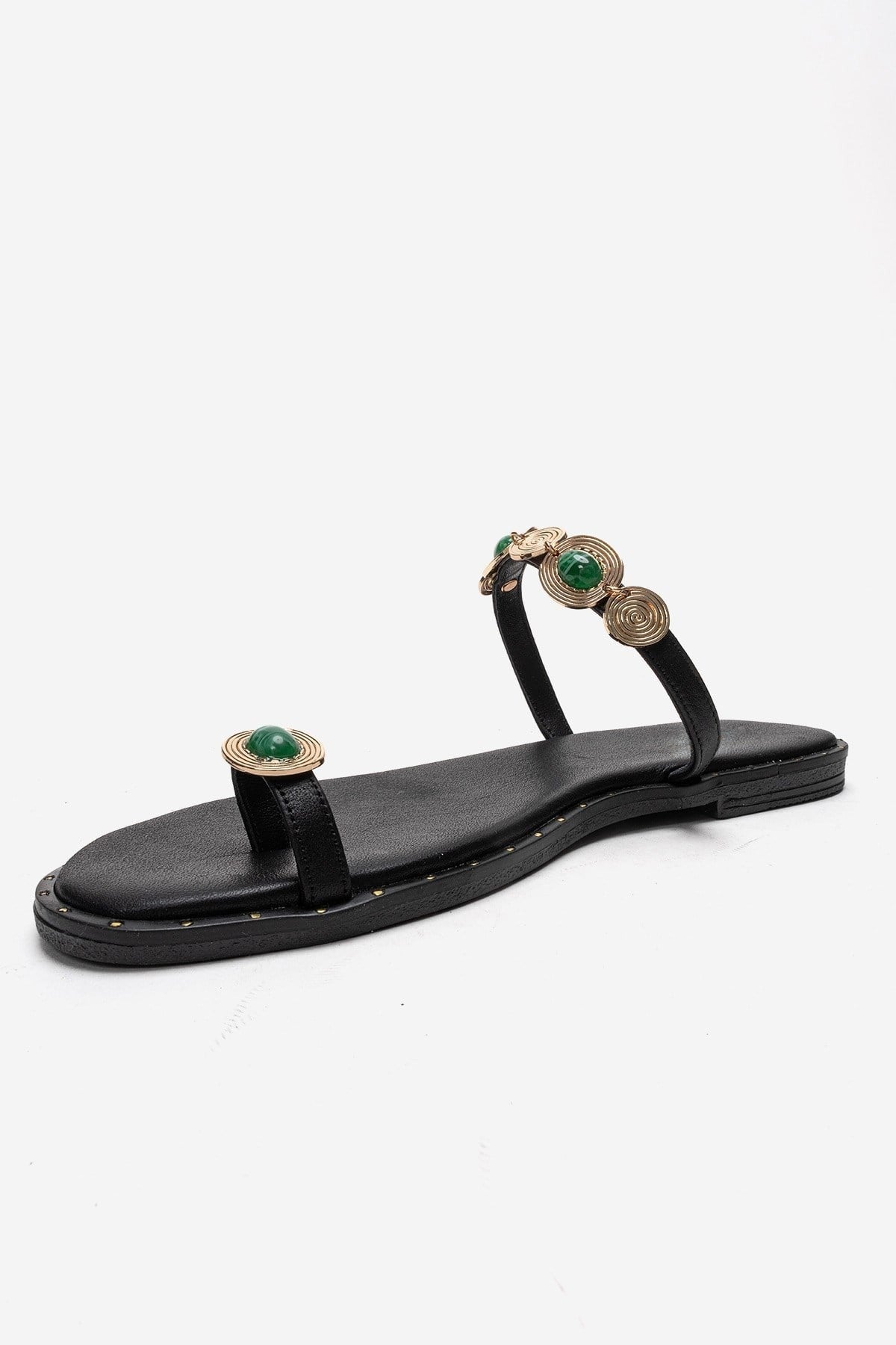 MARTINEZ Black Genuine Leather Toe-Post Sandals with Green Buckle Detail | FOOTWEAR | Slipper | Lebbse MARTINEZ Black Genuine Leather Toe-Post Sandals with Green Buckle Detail | FOOTWEAR | Slipper | Lebbse