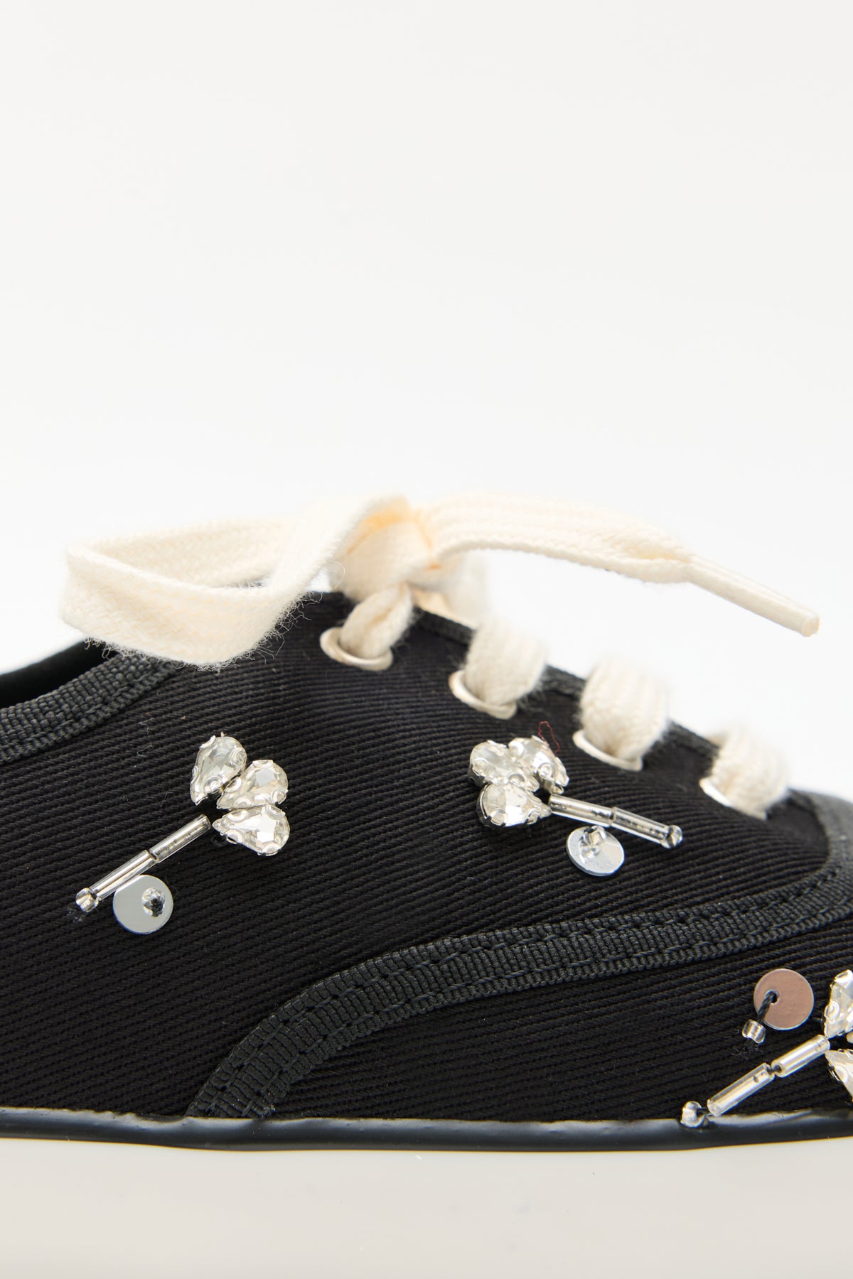 Stone-Embellished Lace-Up Black Linen Women's Sneakers