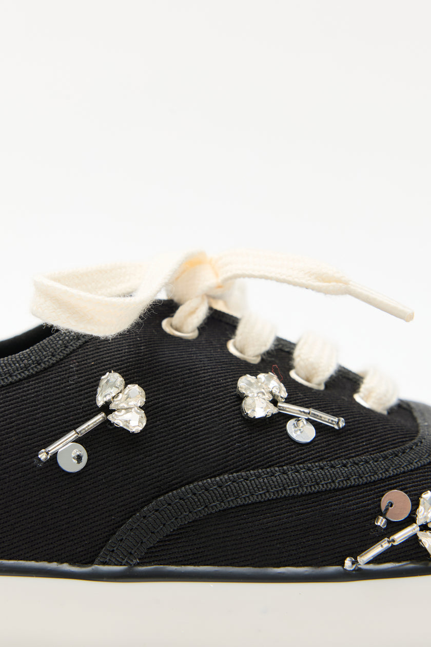 Stone-Embellished Lace-Up Black Linen Women's Sneakers