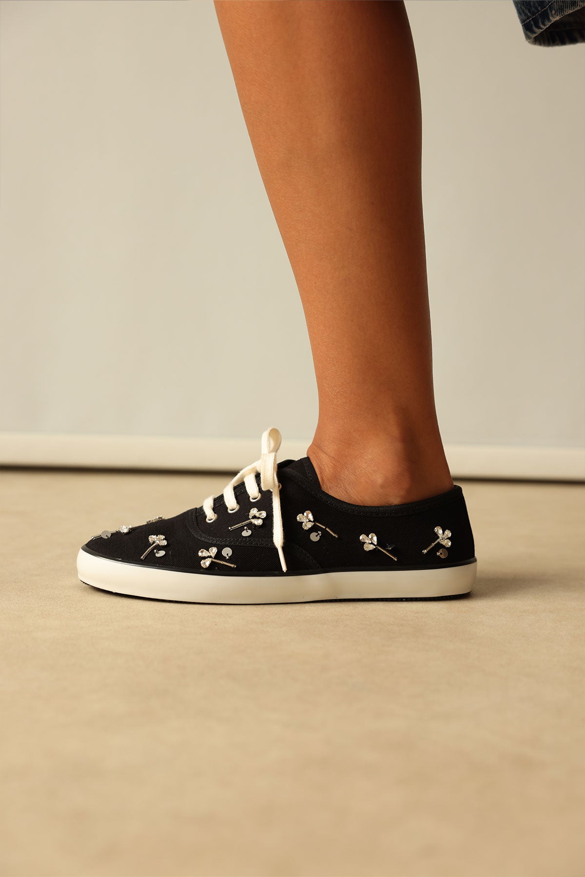 Stone-Embellished Lace-Up Black Linen Women's Sneakers | FOOTWEAR | Sneakers | Lebbse Stone-Embellished Lace-Up Black Linen Women's Sneakers | FOOTWEAR | Sneakers | Lebbse