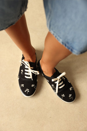 Stone-Embellished Lace-Up Black Linen Women's Sneakers
