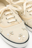 Stone-Embellished Lace-Up Beige Linen Women's Sneakers