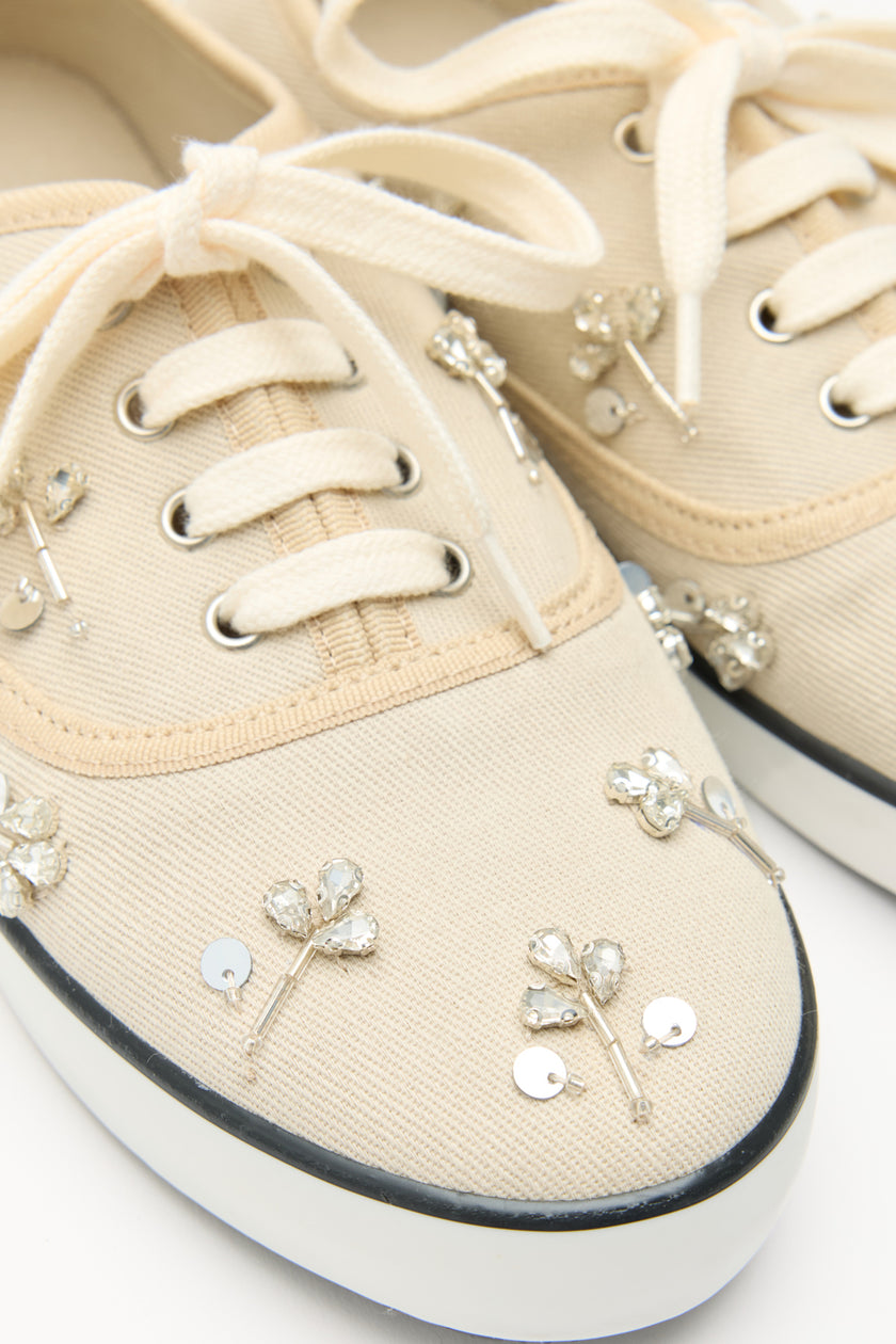 Stone-Embellished Lace-Up Beige Linen Women's Sneakers