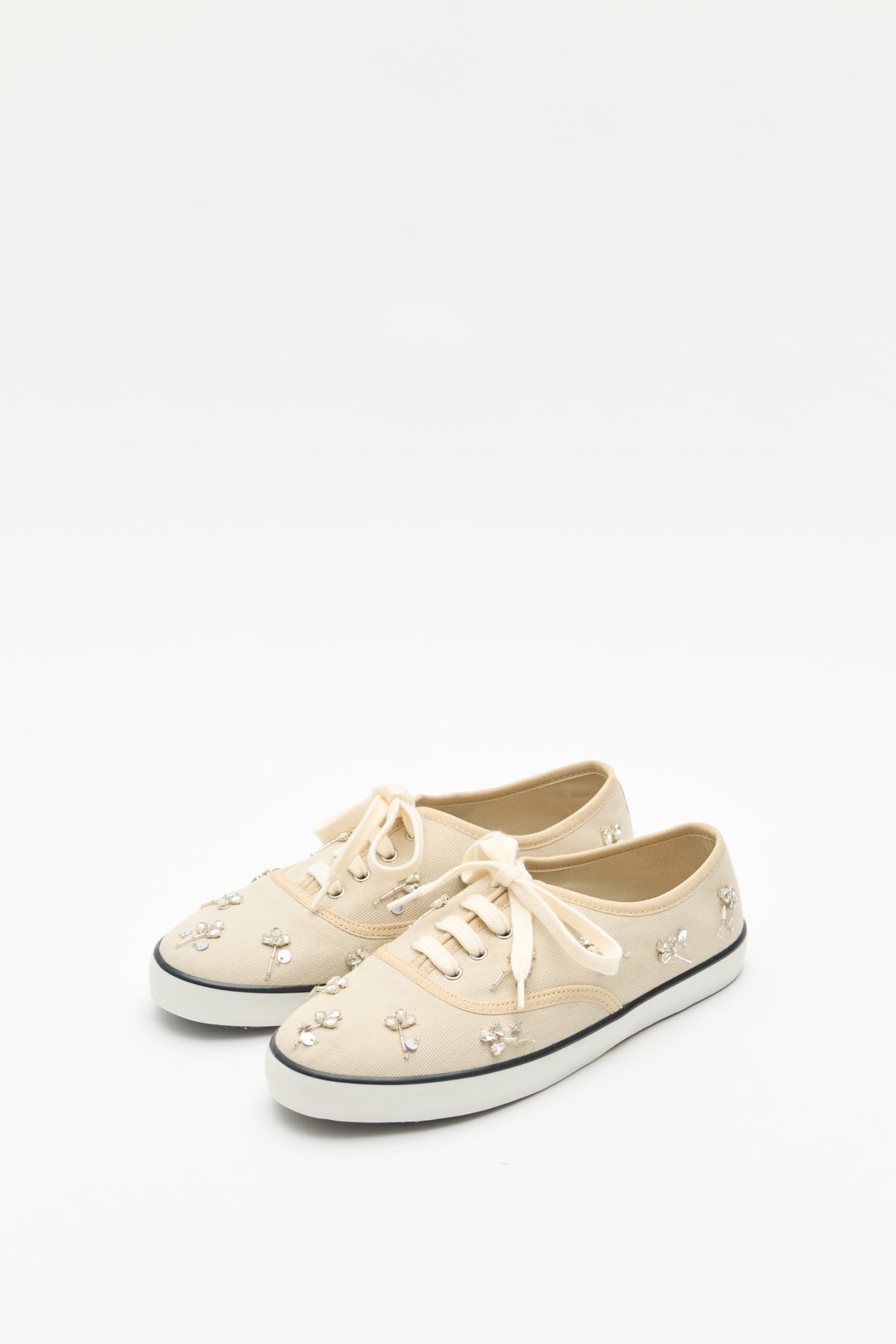 Stone-Embellished Lace-Up Beige Linen Women's Sneakers