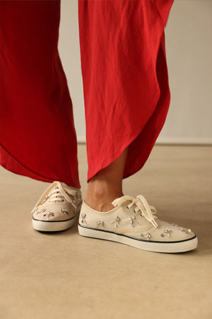 Stone-Embellished Lace-Up Beige Linen Women's Sneakers