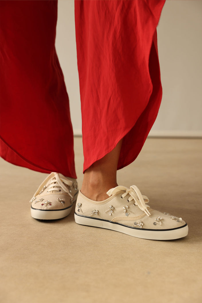 Stone-Embellished Lace-Up Beige Linen Women's Sneakers